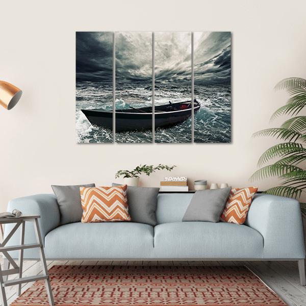 Boat In Stormy Sea Canvas Wall Art-4 Horizontal-Gallery Wrap-34" x 24"-Tiaracle