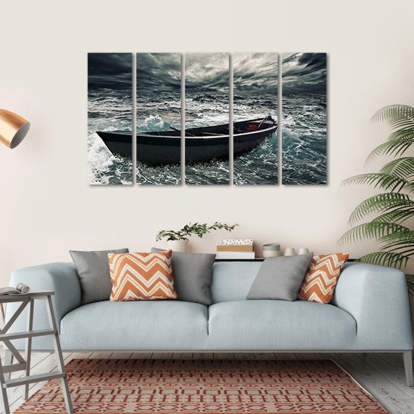 Boat In Stormy Sea Canvas Wall Art-5 Horizontal-Gallery Wrap-22" x 12"-Tiaracle