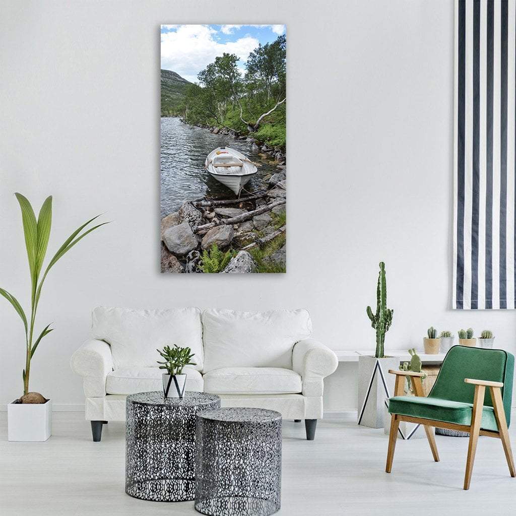 Boat In Small Lake Vertical Canvas Wall Art-3 Vertical-Gallery Wrap-12" x 25"-Tiaracle