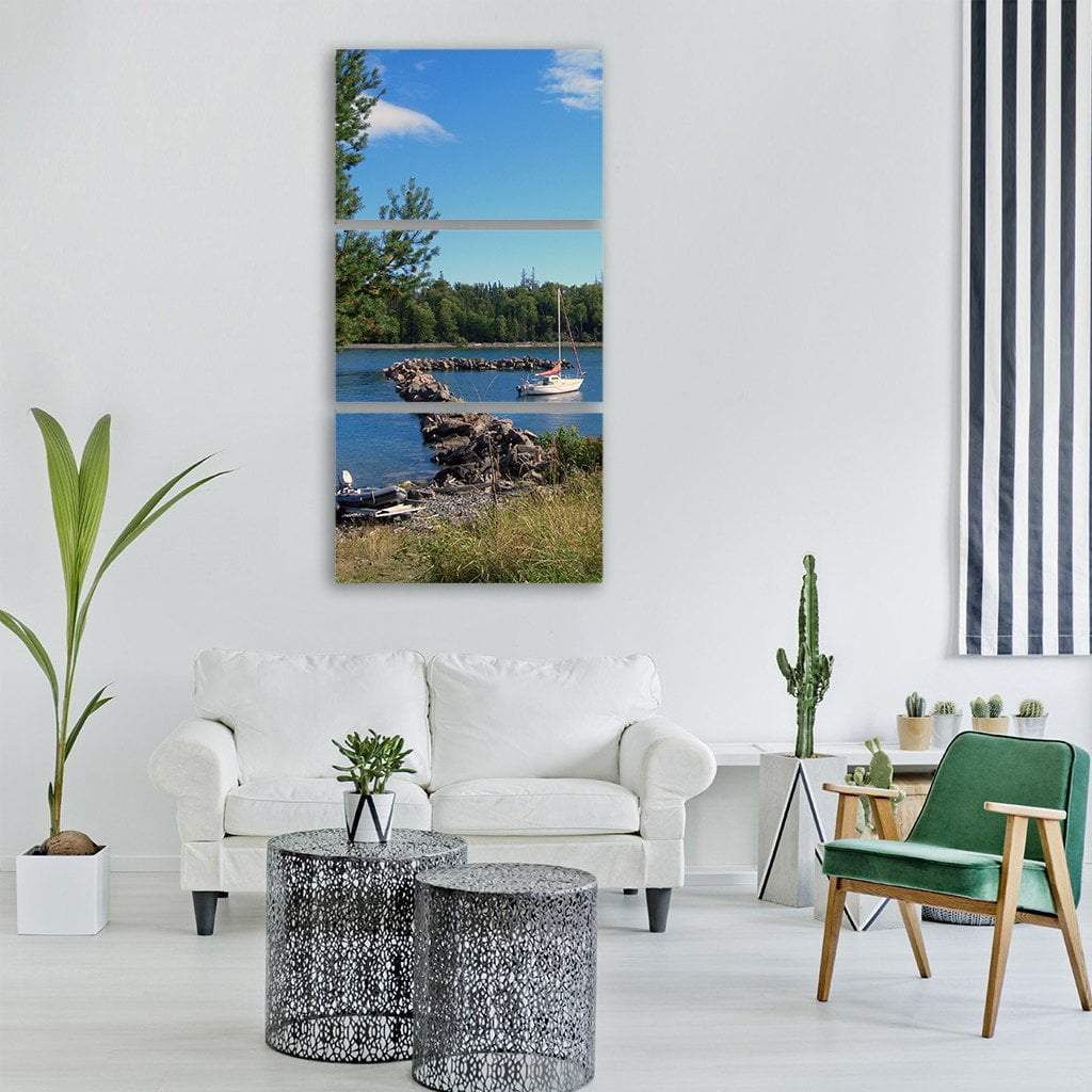 Boat In Summer Lake Vertical Canvas Wall Art-3 Vertical-Gallery Wrap-12" x 25"-Tiaracle