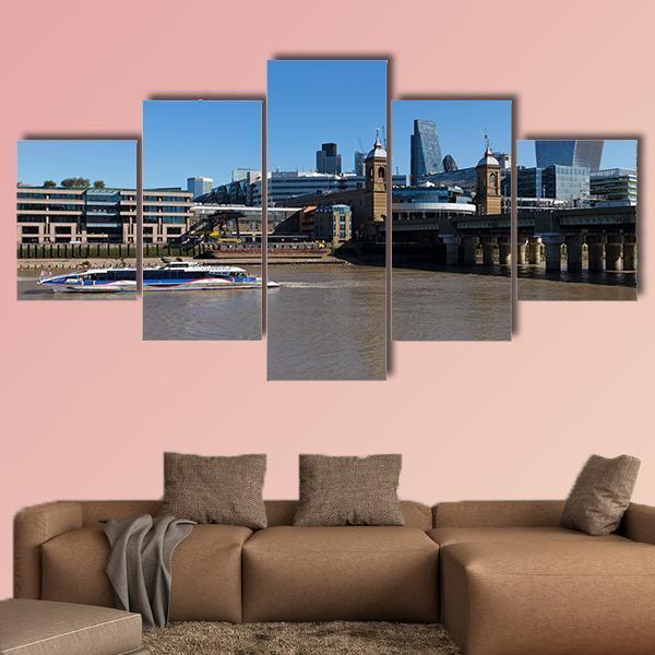 Boat In Thames River Canvas Wall Art-5 Star-Gallery Wrap-62" x 32"-Tiaracle