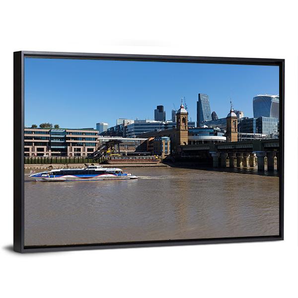 Boat In Thames River Canvas Wall Art-3 Horizontal-Gallery Wrap-25" x 16"-Tiaracle