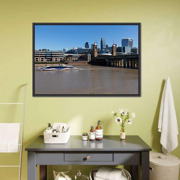 Boat In Thames River Canvas Wall Art-3 Horizontal-Gallery Wrap-25" x 16"-Tiaracle