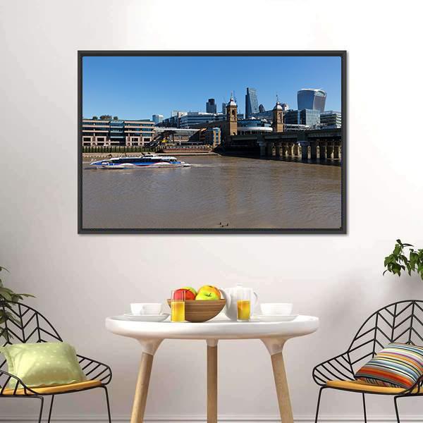 Boat In Thames River Canvas Wall Art-3 Horizontal-Gallery Wrap-25" x 16"-Tiaracle