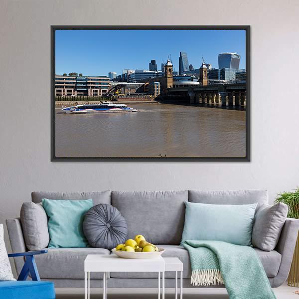 Boat In Thames River Canvas Wall Art-1 Piece-Floating Frame-24" x 16"-Tiaracle
