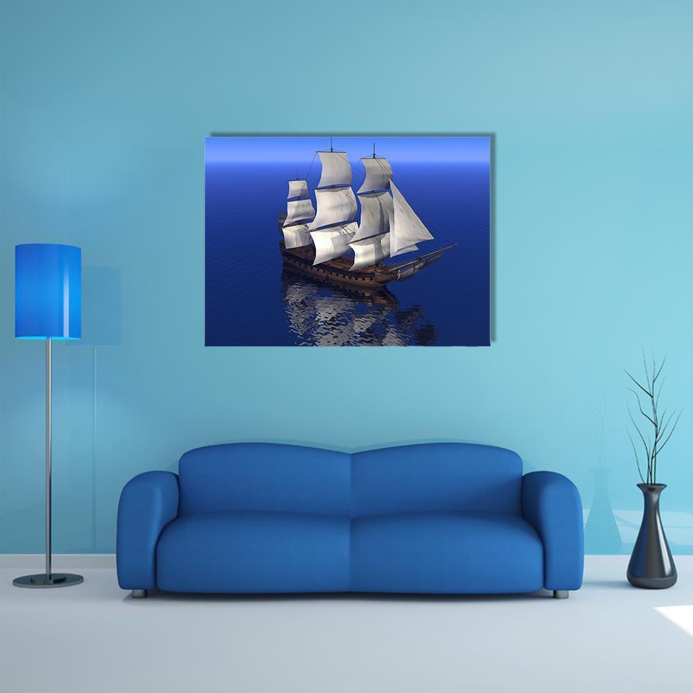 Three-masted Ship with White Sails Canvas Wall Art in white and blue, single panel hung on a wall