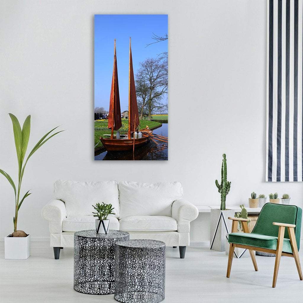 Boat Near Lake In Keukenhof Garden Holland Vertical Canvas Wall Art-1 Vertical-Gallery Wrap-12" x 24"-Tiaracle