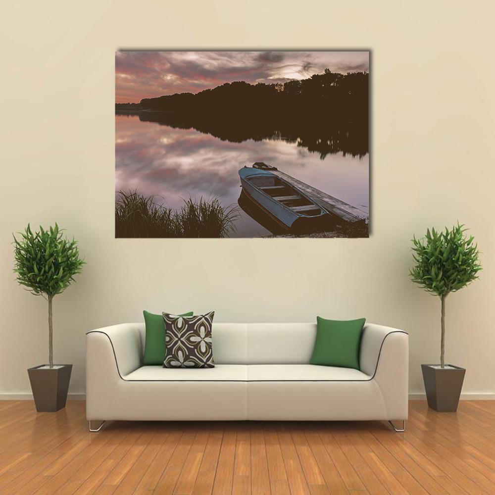 Boat Near Shore Of The Lake Canvas Wall Art-1 Piece-Gallery Wrap-48" x 32"-Tiaracle