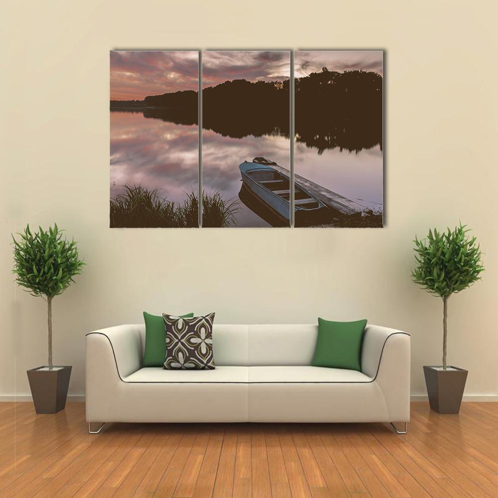 Boat Near Shore Of The Lake Canvas Wall Art-3 Horizontal-Gallery Wrap-37" x 24"-Tiaracle