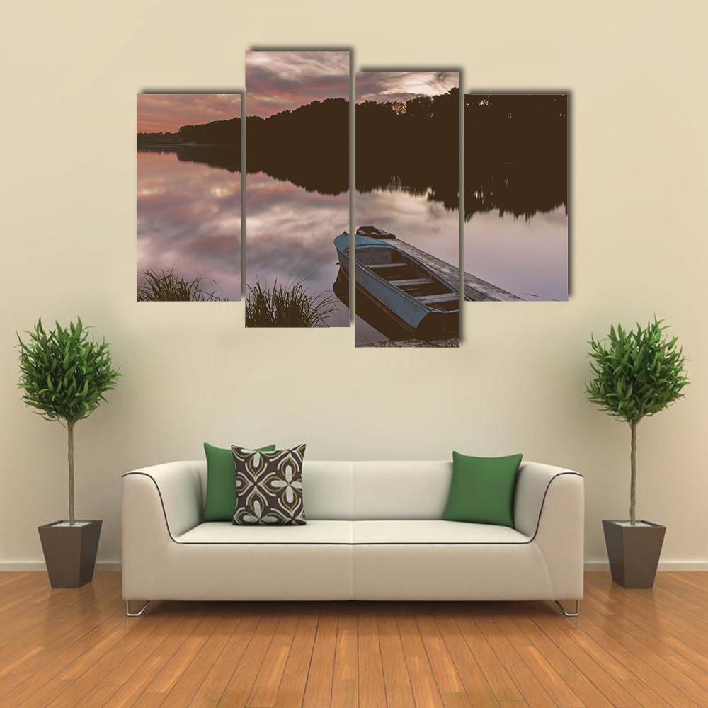 Boat Near Shore Of The Lake Canvas Wall Art-4 Pop-Gallery Wrap-50" x 32"-Tiaracle