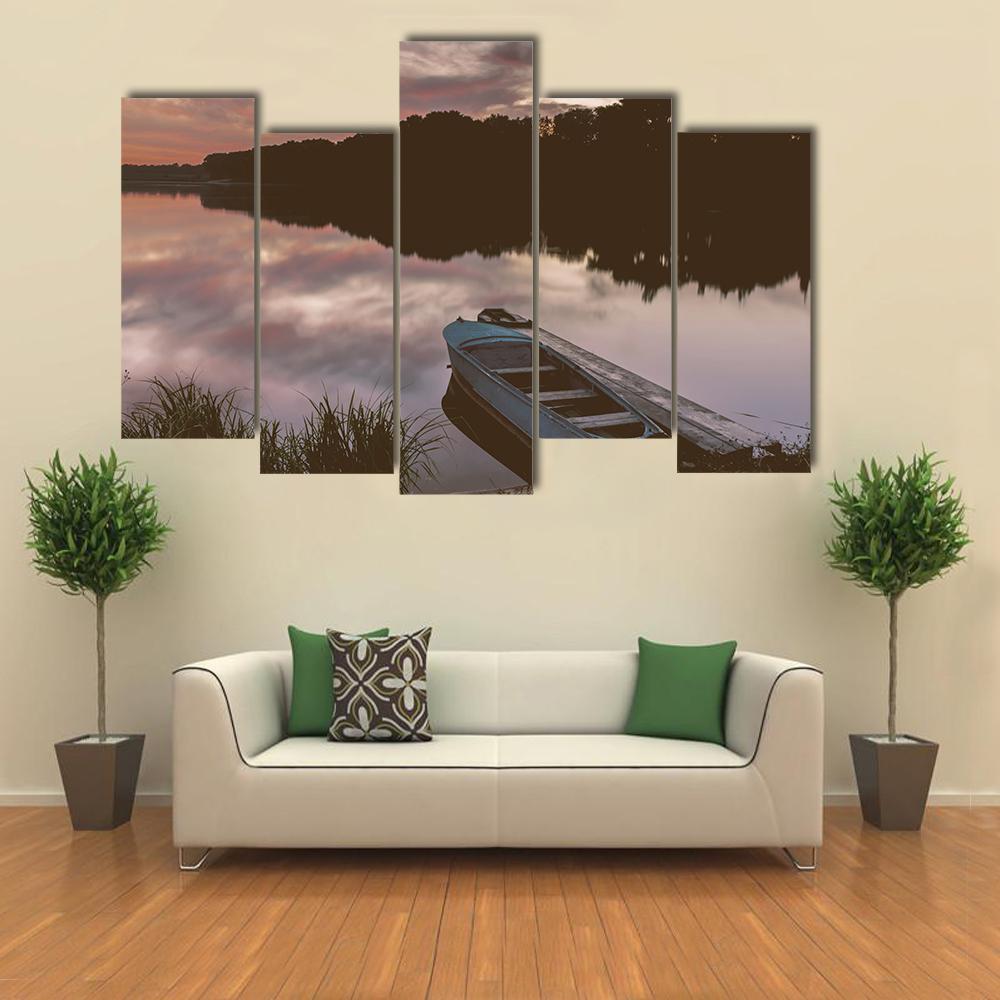 Boat Near Shore Of The Lake Canvas Wall Art-5 Pop-Gallery Wrap-47" x 32"-Tiaracle