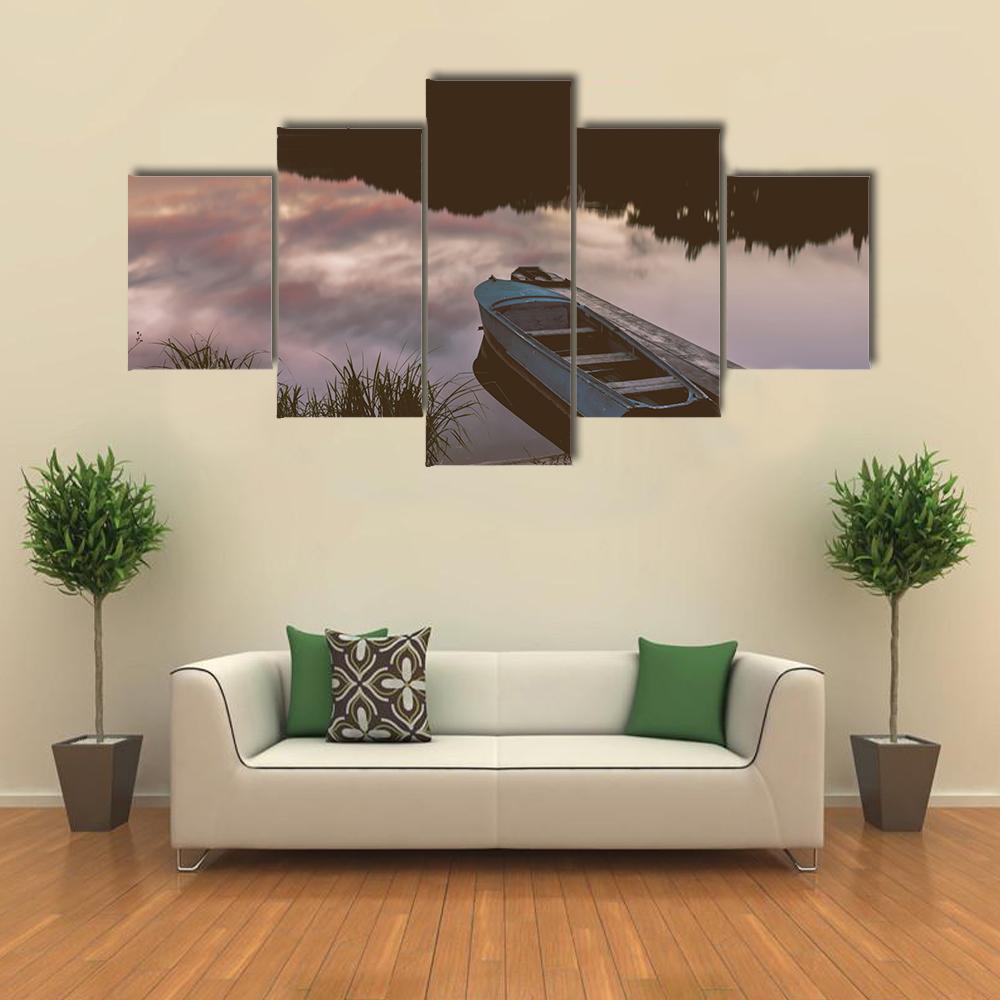 Boat Near Shore Of The Lake Canvas Wall Art-5 Star-Gallery Wrap-62" x 32"-Tiaracle