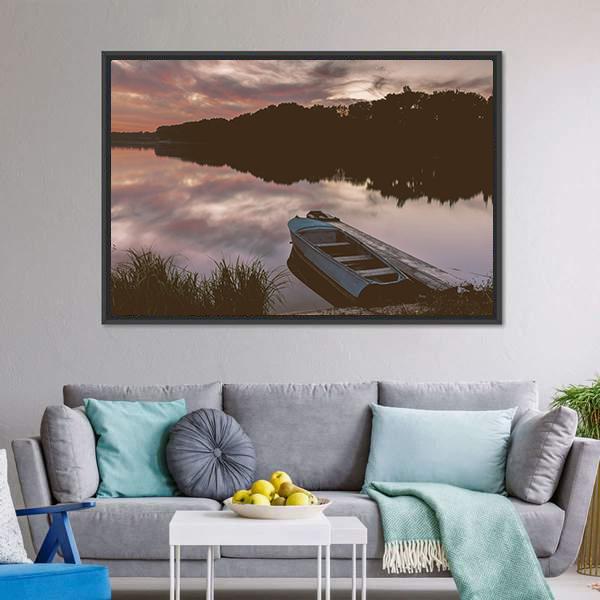 Boat Near Shore Of The Lake Canvas Wall Art-1 Piece-Floating Frame-24" x 16"-Tiaracle