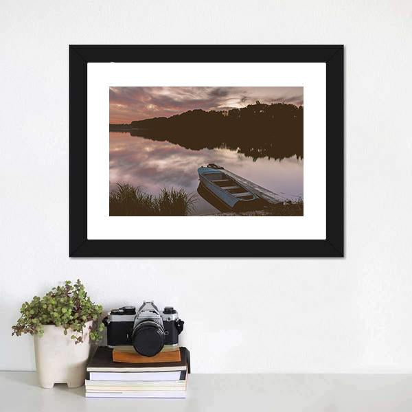 Boat Near Shore Of The Lake Canvas Wall Art-1 Piece-Framed Print-20" x 16"-Tiaracle