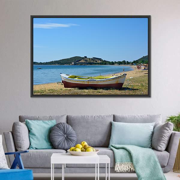 Boat On Beach Greece Panoramic Canvas Wall Art-1 Piece-36" x 12"-Tiaracle