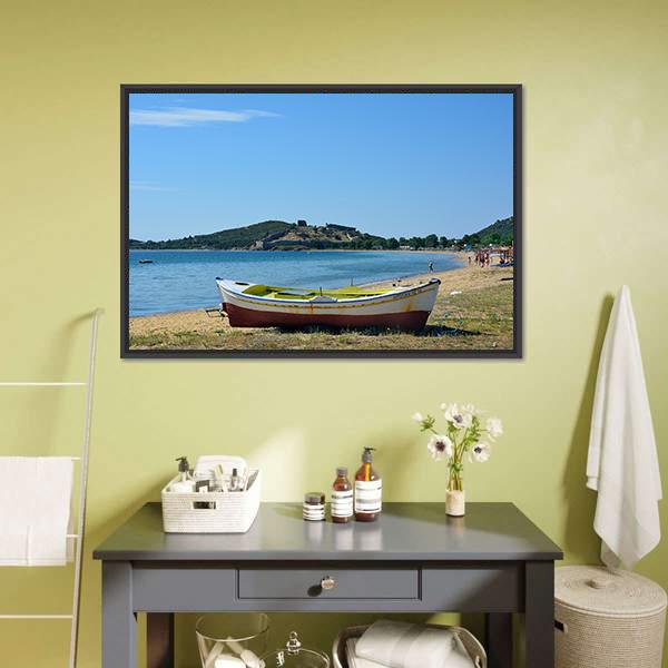 Boat On Beach Greece Panoramic Canvas Wall Art-1 Piece-36" x 12"-Tiaracle