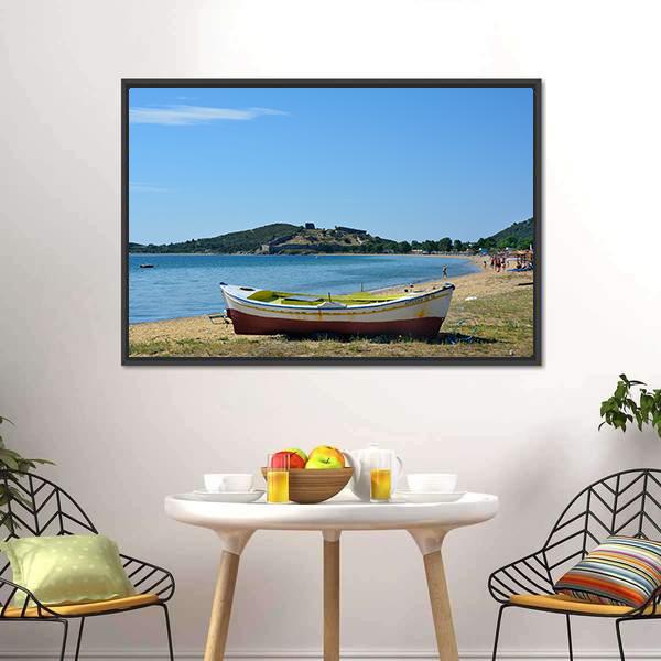 Boat On Beach Greece Panoramic Canvas Wall Art-1 Piece-36" x 12"-Tiaracle
