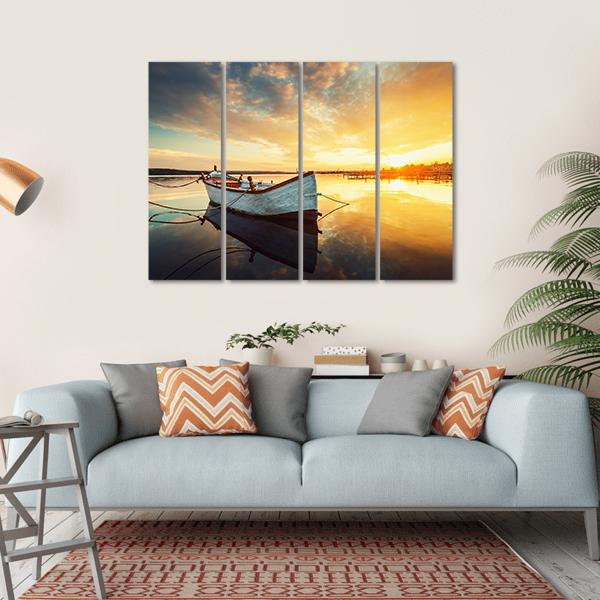Boat On Lake At Sunset Canvas Wall Art-4 Horizontal-Gallery Wrap-34" x 24"-Tiaracle