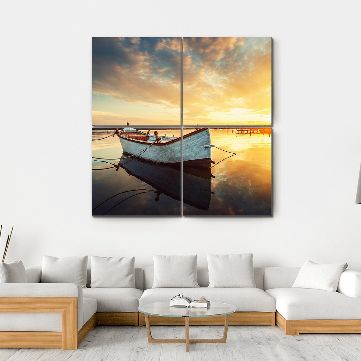 Boat On Lake At Sunset Canvas Wall Art-4 Square-Gallery Wrap-17" x 17"-Tiaracle