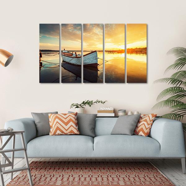 Boat On Lake At Sunset Canvas Wall Art-5 Horizontal-Gallery Wrap-22" x 12"-Tiaracle