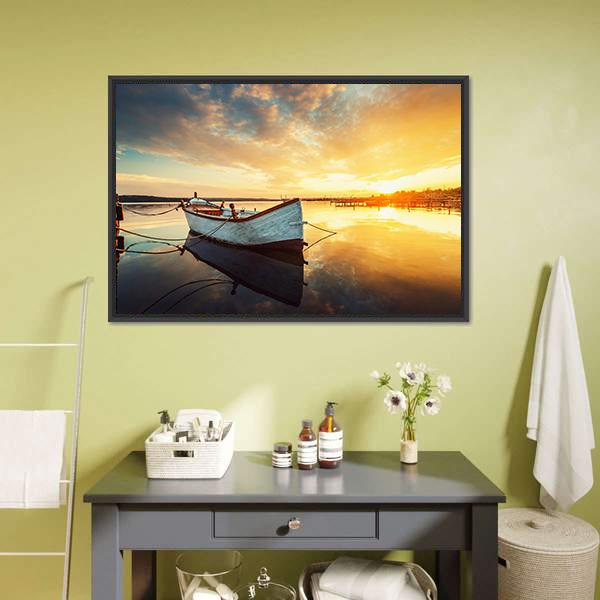 Boat On Lake At Sunset Canvas Wall Art-5 Horizontal-Gallery Wrap-22" x 12"-Tiaracle