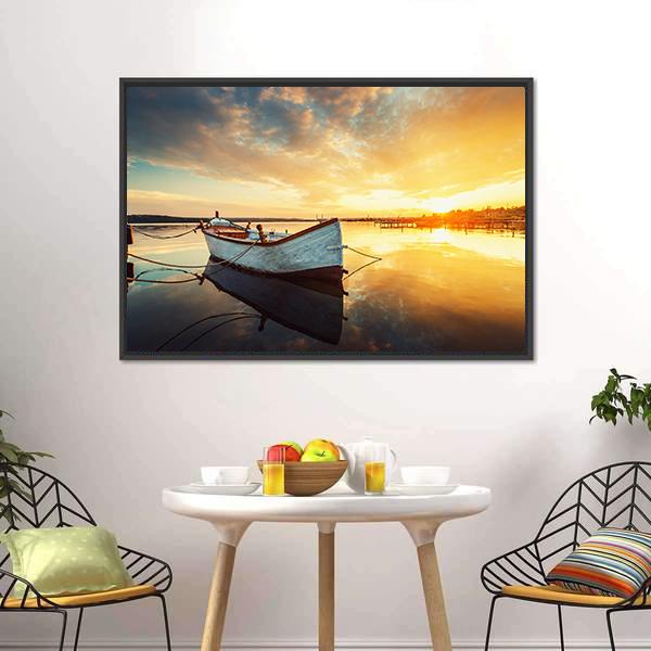 Boat On Lake At Sunset Canvas Wall Art-5 Horizontal-Gallery Wrap-22" x 12"-Tiaracle