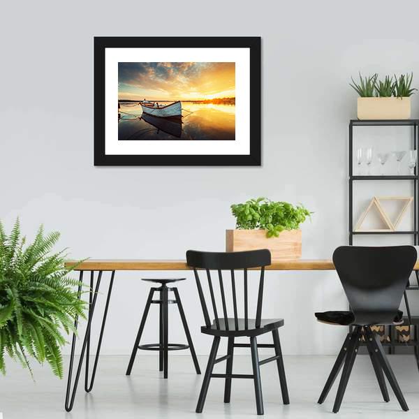 Boat On Lake At Sunset Canvas Wall Art-5 Horizontal-Gallery Wrap-22" x 12"-Tiaracle
