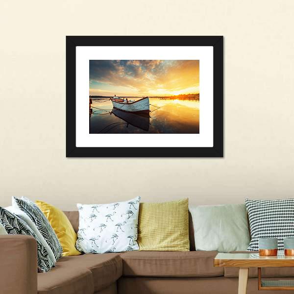 Boat On Lake At Sunset Canvas Wall Art-5 Horizontal-Gallery Wrap-22" x 12"-Tiaracle