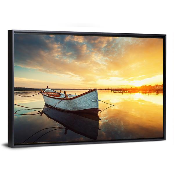 Boat On Lake At Sunset Canvas Wall Art-5 Horizontal-Gallery Wrap-22" x 12"-Tiaracle