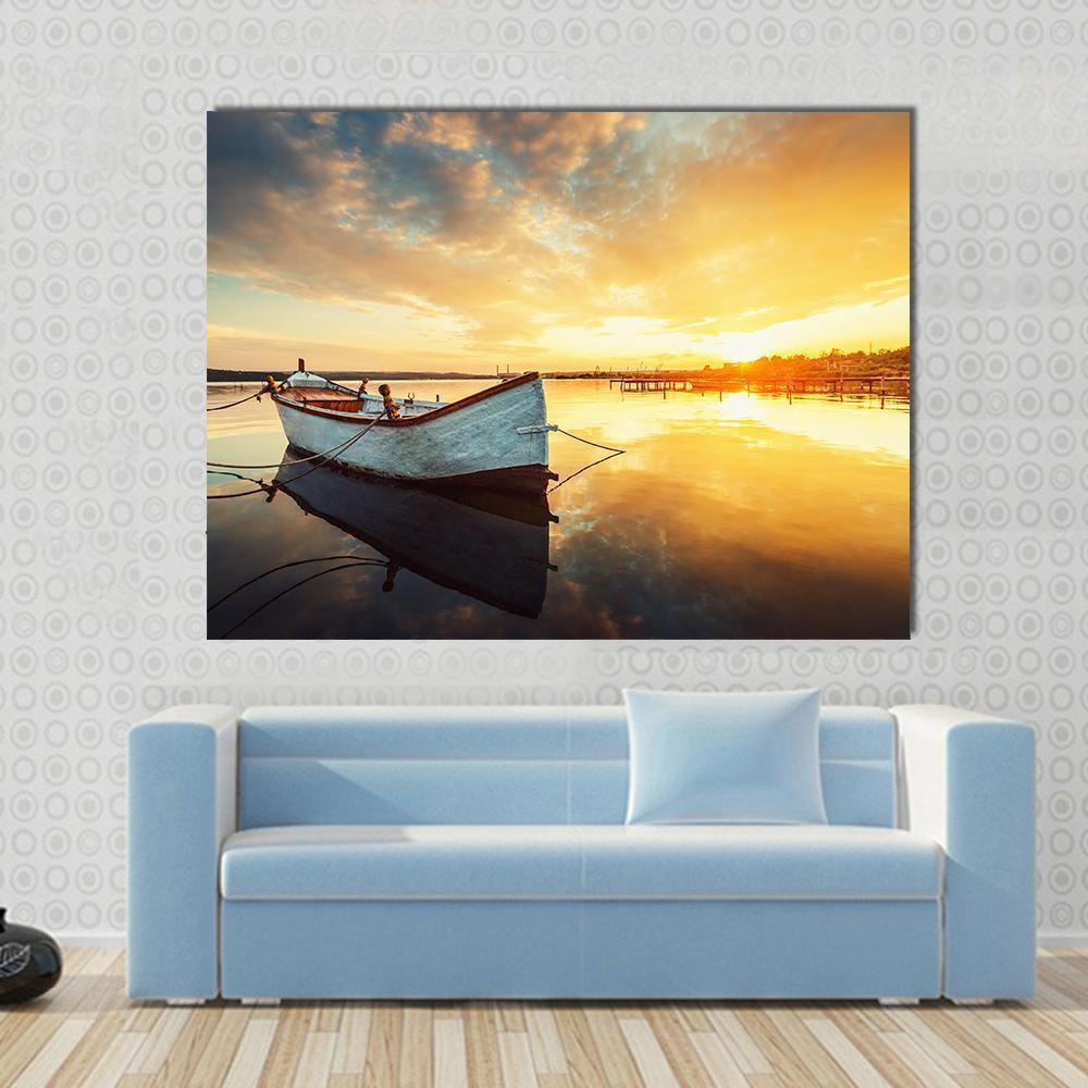 Boat On Lake At Sunset Canvas Wall Art-4 Pop-Gallery Wrap-50" x 32"-Tiaracle