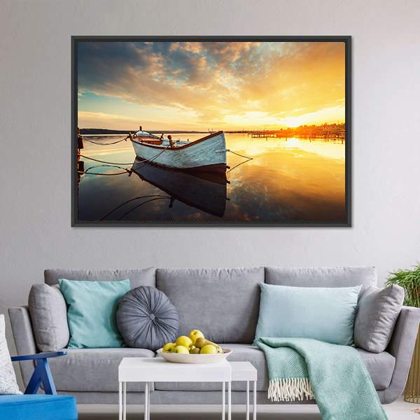Boat On Lake At Sunset Panoramic Canvas Wall Art-1 Piece-36" x 12"-Tiaracle