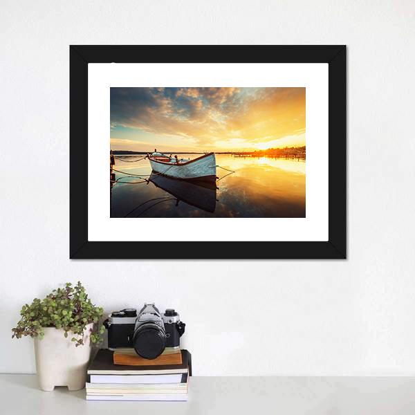 Boat On Lake At Sunset Panoramic Canvas Wall Art-1 Piece-36" x 12"-Tiaracle