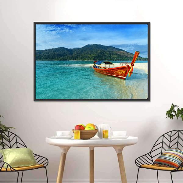 Boat On Lipe Island Canvas Wall Art-1 Piece-Floating Frame-24" x 16"-Tiaracle