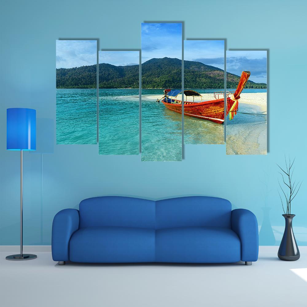 Boat On Lipe Island Canvas Wall Art-5 Pop-Gallery Wrap-47&quot; x 32&quot;-Tiaracle