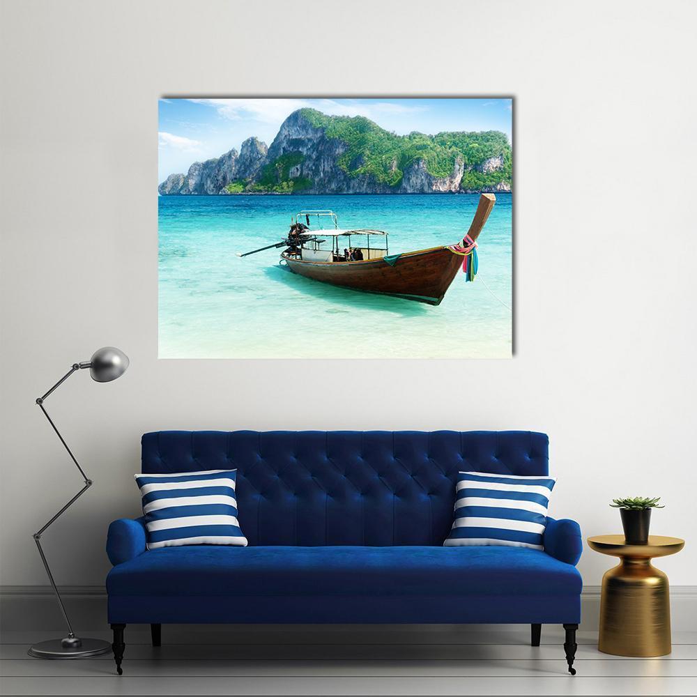 Longtail Boat on Phi Phi Island Canvas Wall Art in white, green and blue, single panel hung on a wall