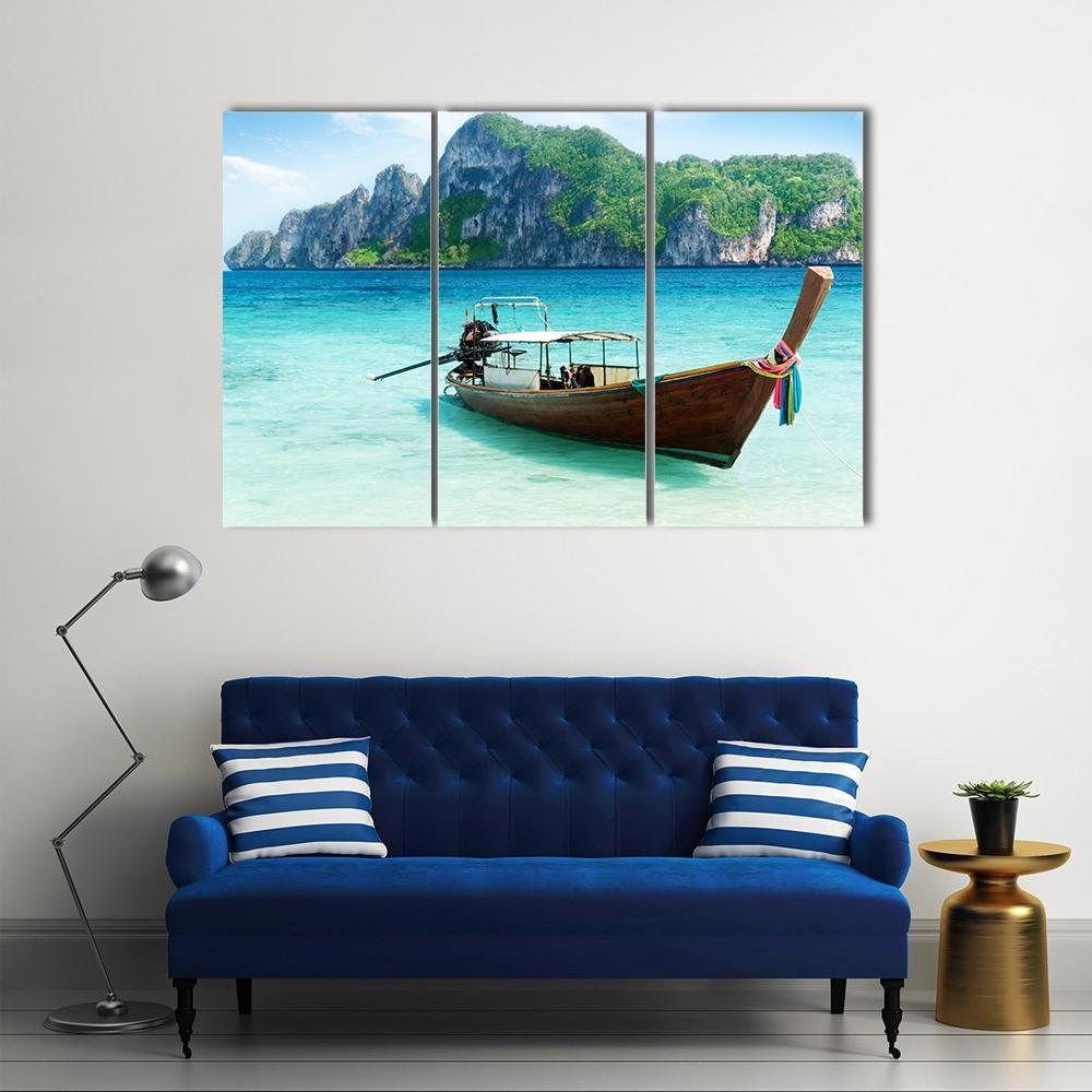 Boat On Phi Phi Island Canvas Wall Art-3 Horizontal-Gallery Wrap-37" x 24"-Tiaracle