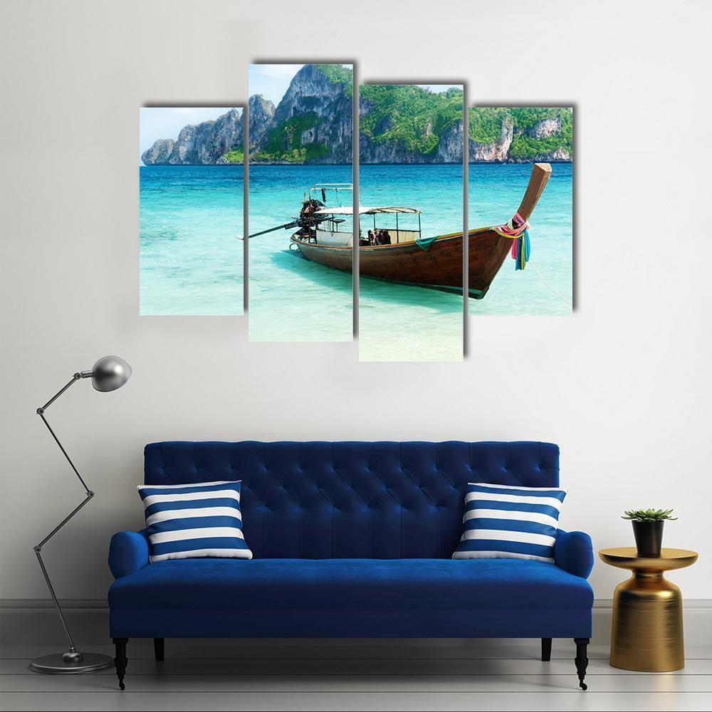 Boat On Phi Phi Island Canvas Wall Art-4 Pop-Gallery Wrap-50" x 32"-Tiaracle