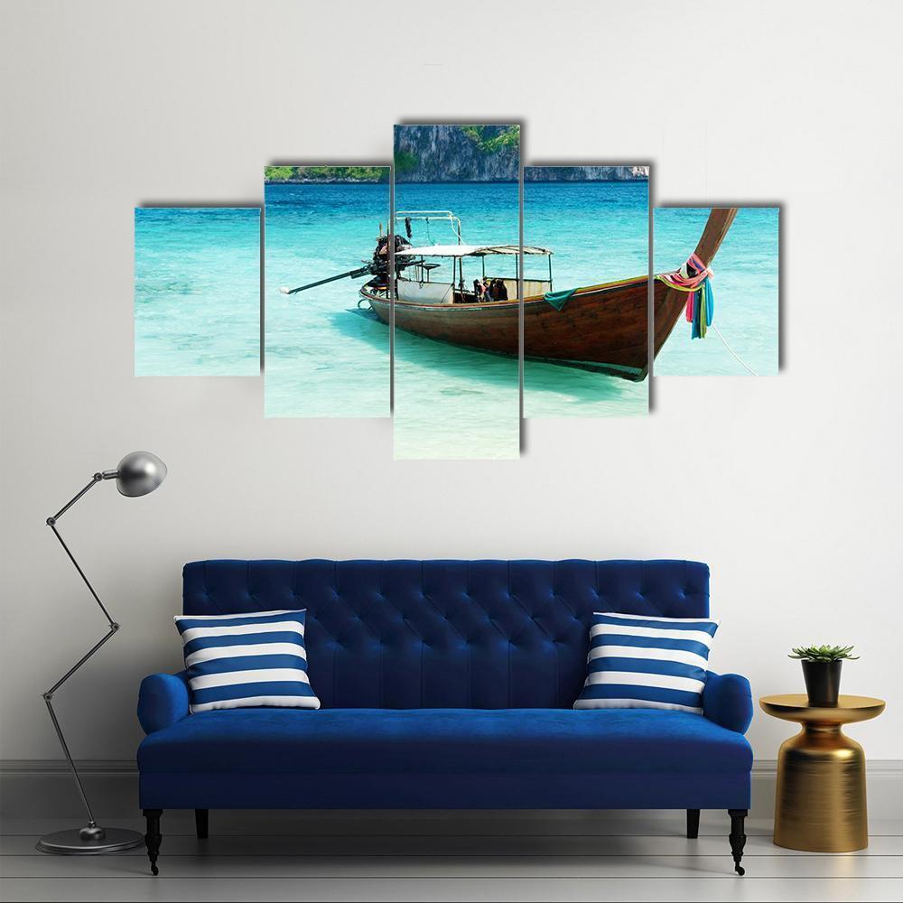 Boat On Phi Phi Island Canvas Wall Art-5 Star-Gallery Wrap-62" x 32"-Tiaracle