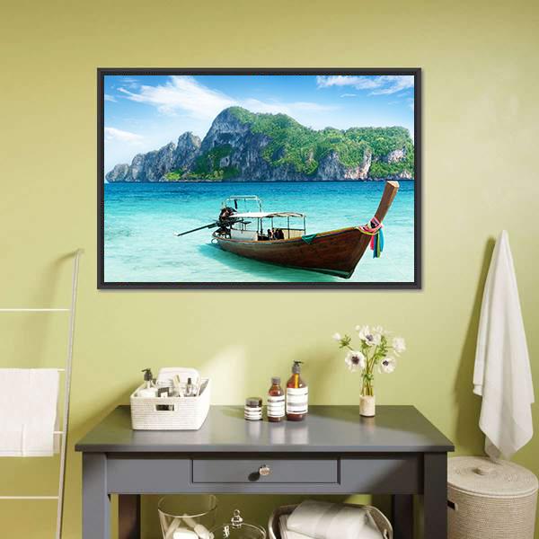Boat On Phi Phi Island Canvas Wall Art-3 Horizontal-Gallery Wrap-25" x 16"-Tiaracle