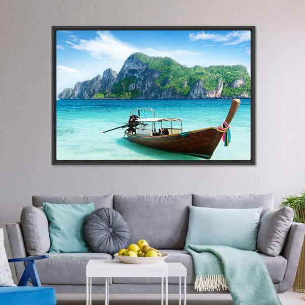 Boat On Phi Phi Island Canvas Wall Art-1 Piece-Floating Frame-24" x 16"-Tiaracle