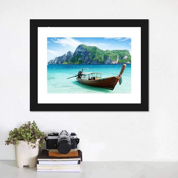 Boat On Phi Phi Island Canvas Wall Art-1 Piece-Framed Print-20" x 16"-Tiaracle