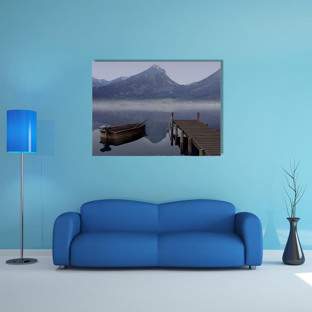 Wooden Rowboat on Placid Lake Canvas Wall Art in gray, brown and blue, single panel hung on a wall