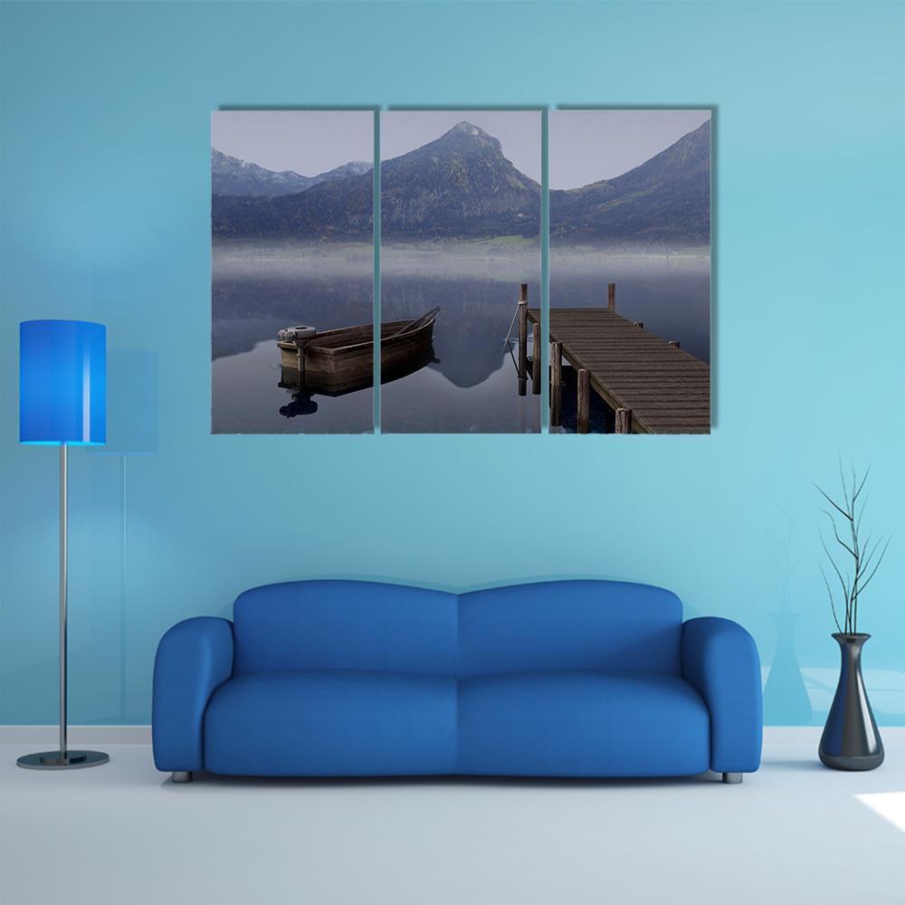 Boat On Placid Lake Canvas Wall Art-3 Horizontal-Gallery Wrap-37" x 24"-Tiaracle