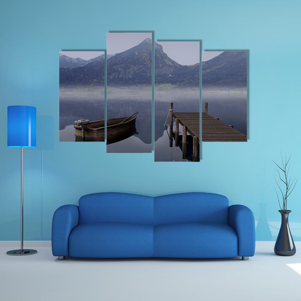 Boat On Placid Lake Canvas Wall Art-4 Pop-Gallery Wrap-50" x 32"-Tiaracle