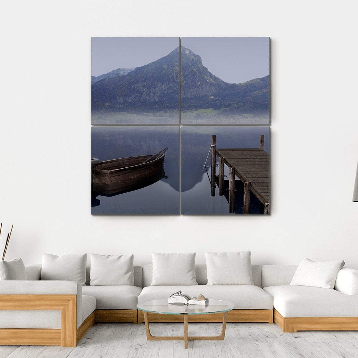 Boat On Placid Lake Canvas Wall Art-4 Square-Gallery Wrap-17" x 17"-Tiaracle