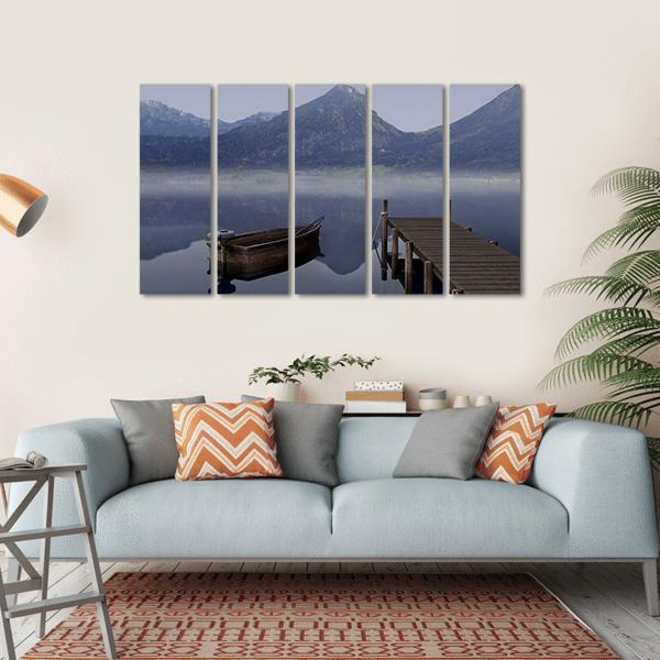 Boat On Placid Lake Canvas Wall Art-5 Horizontal-Gallery Wrap-22" x 12"-Tiaracle