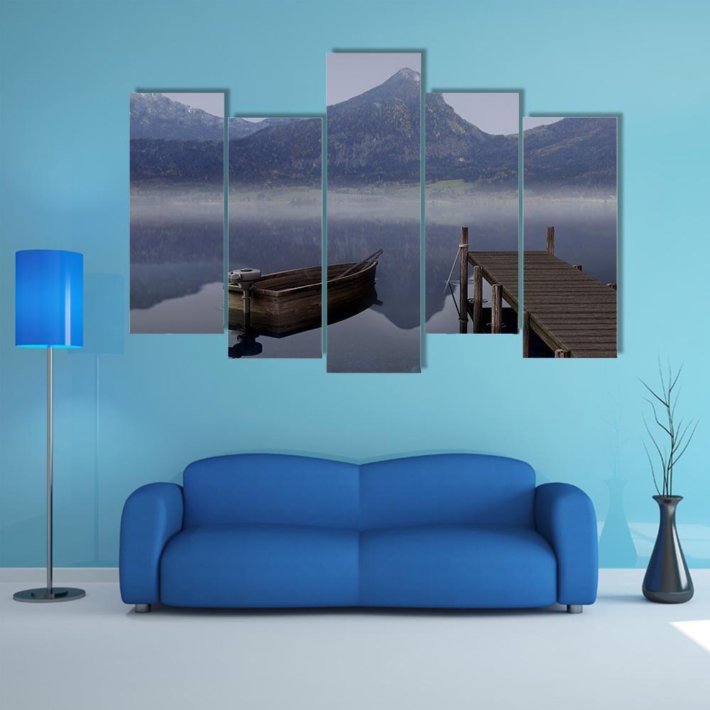 Boat On Placid Lake Canvas Wall Art-5 Pop-Gallery Wrap-47" x 32"-Tiaracle