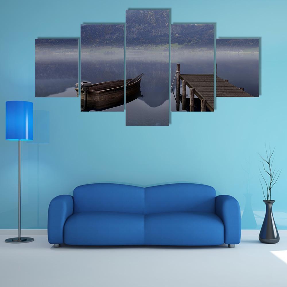 Boat On Placid Lake Canvas Wall Art-5 Star-Gallery Wrap-62" x 32"-Tiaracle