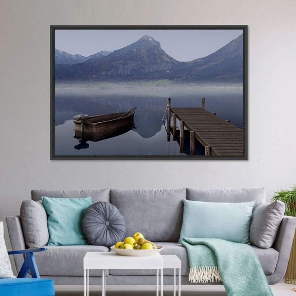 Wooden Rowboat on Placid Lake Canvas Wall Art in gray, brown and blue, framed canvas, product view on a white background