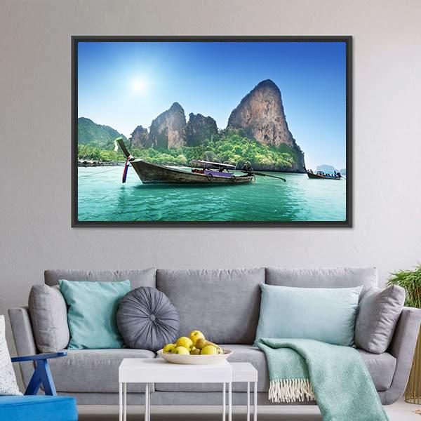 Boat On Railay Beach Canvas Wall Art-1 Piece-Floating Frame-24" x 16"-Tiaracle
